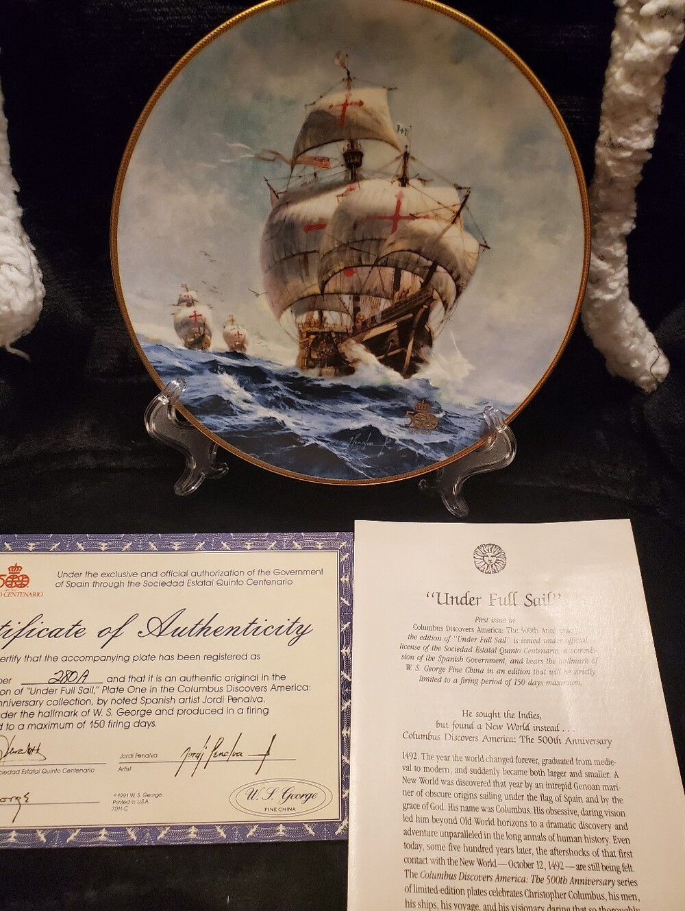 W.S. George Columbus 500th Anniversary "Under Full Sail" Plate COA 8.5"